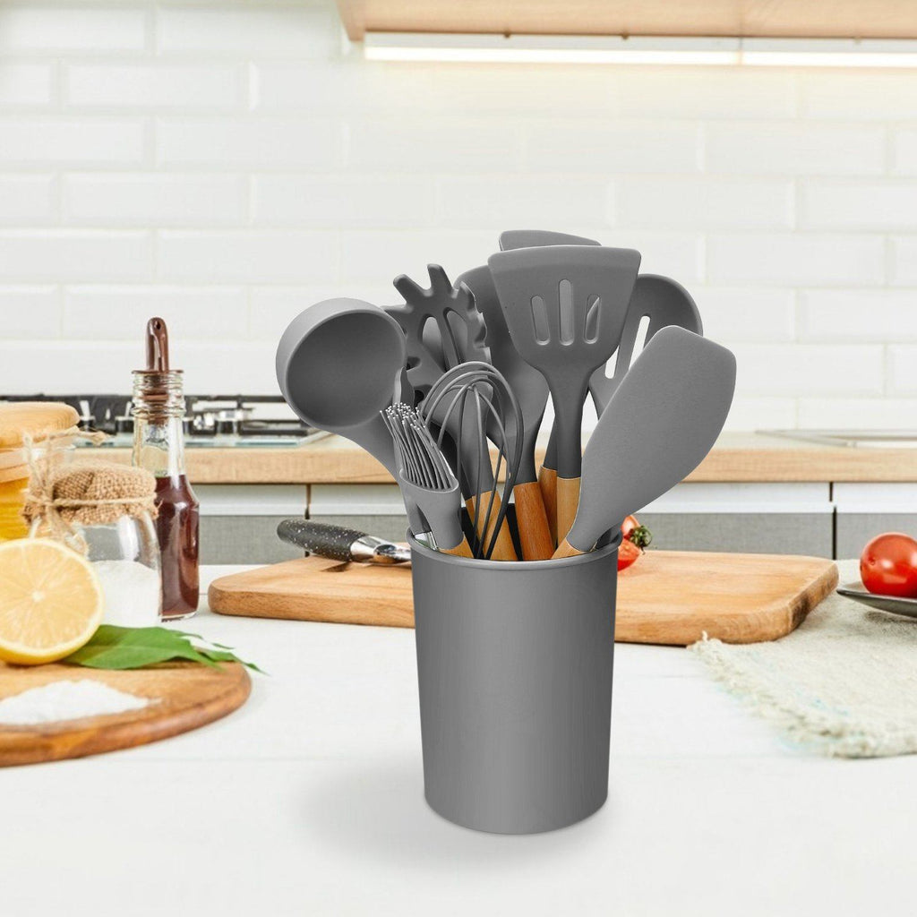 Set de 11 utensilios de cocina de silicona con mangos de madera resistentes al calor hasta 230 °C