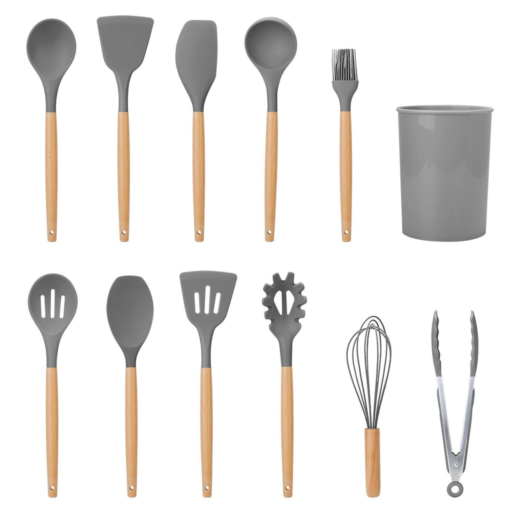 Set de 11 utensilios de cocina de silicona con mangos de madera resistentes al calor hasta 230 °C