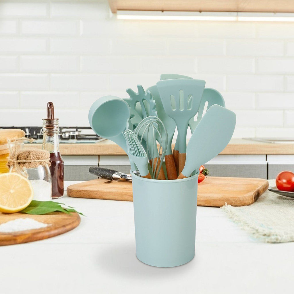 Set de 11 utensilios de cocina de silicona con mangos de madera resistentes al calor hasta 230 °C