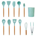 Set de 11 utensilios de cocina de silicona con mangos de madera resistentes al calor hasta 230 °C