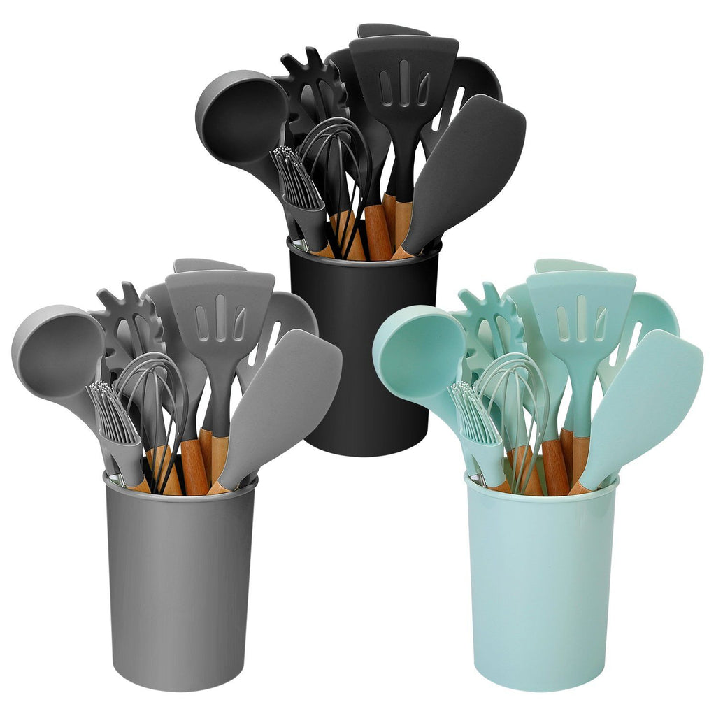 Set de 11 utensilios de cocina de silicona con mangos de madera resistentes al calor hasta 230 °C
