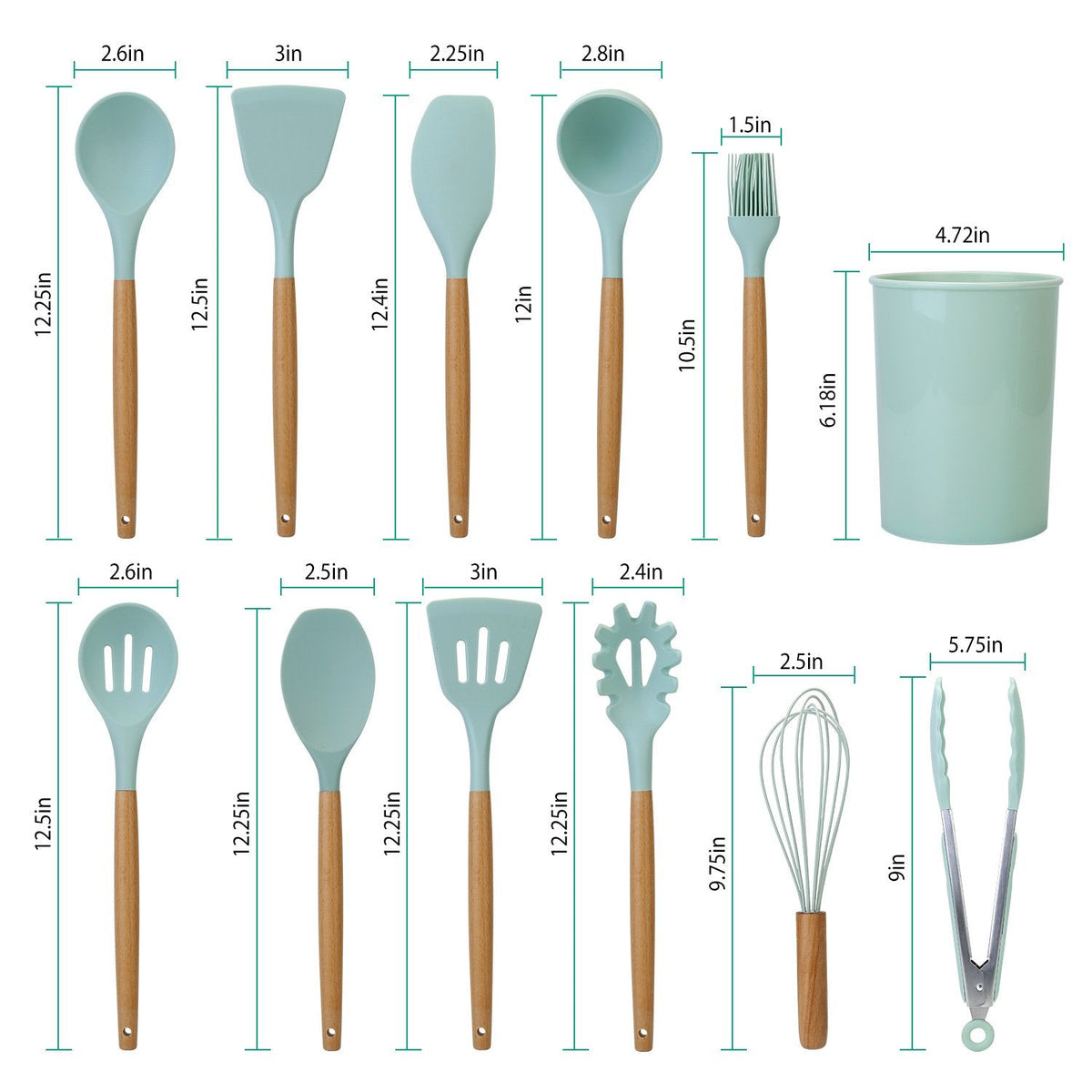 Set de 11 utensilios de cocina de silicona con mangos de madera resistentes al calor hasta 230 °C
