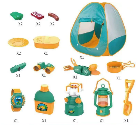 Set de juego de camping con tienda, linterna, brújula y accesorios | Mochila práctica para guardar | Ideal para niños a 
