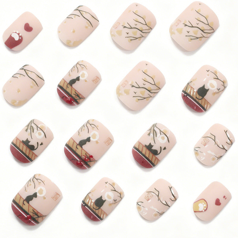 Set de uñas postizas artísticas con diseño de gatos