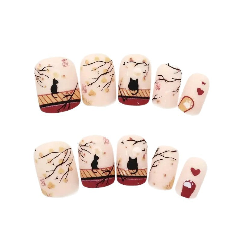 Set de uñas postizas artísticas con diseño de gatos