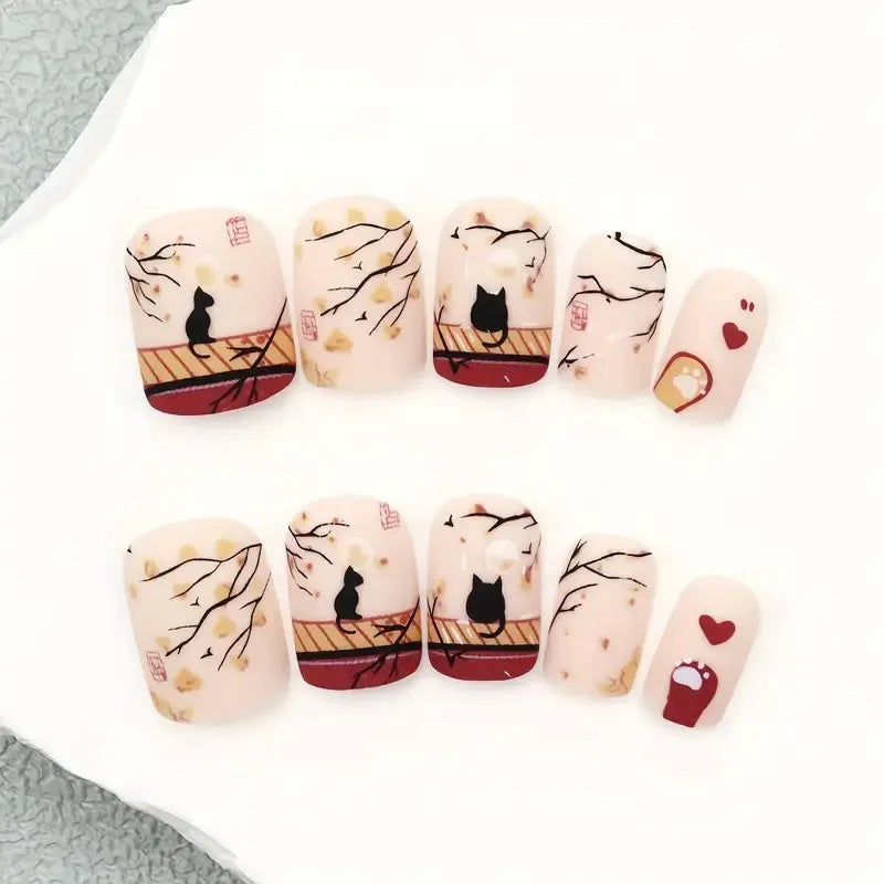 Set de uñas postizas artísticas con diseño de gatos