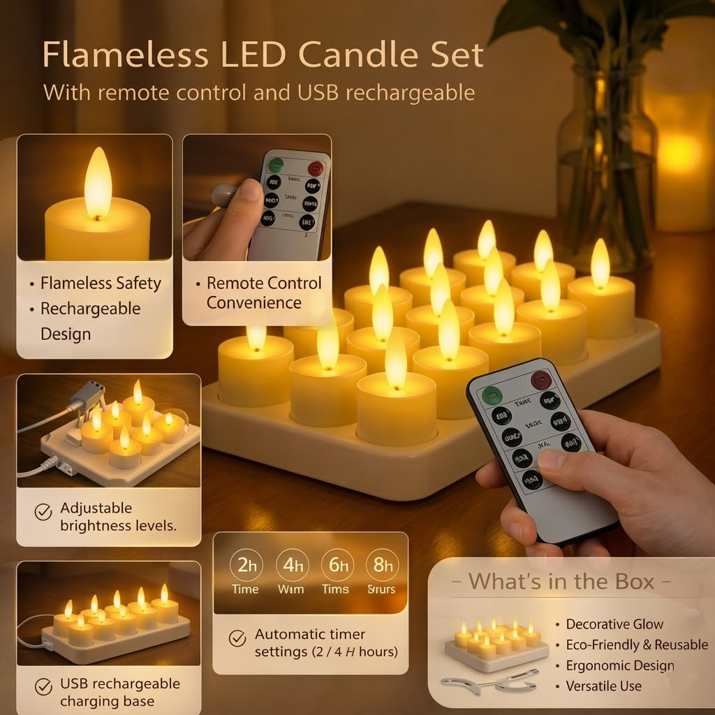 Set de velas LED sin llama con mando a distancia, temporizador y recarga USB