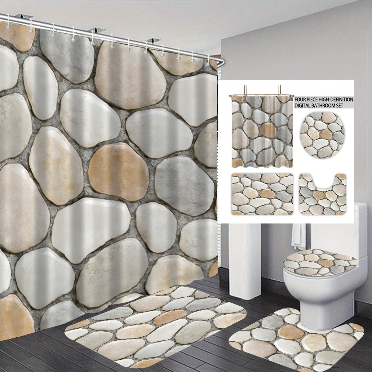 Set de decoración para baño con cortina y alfombrillas