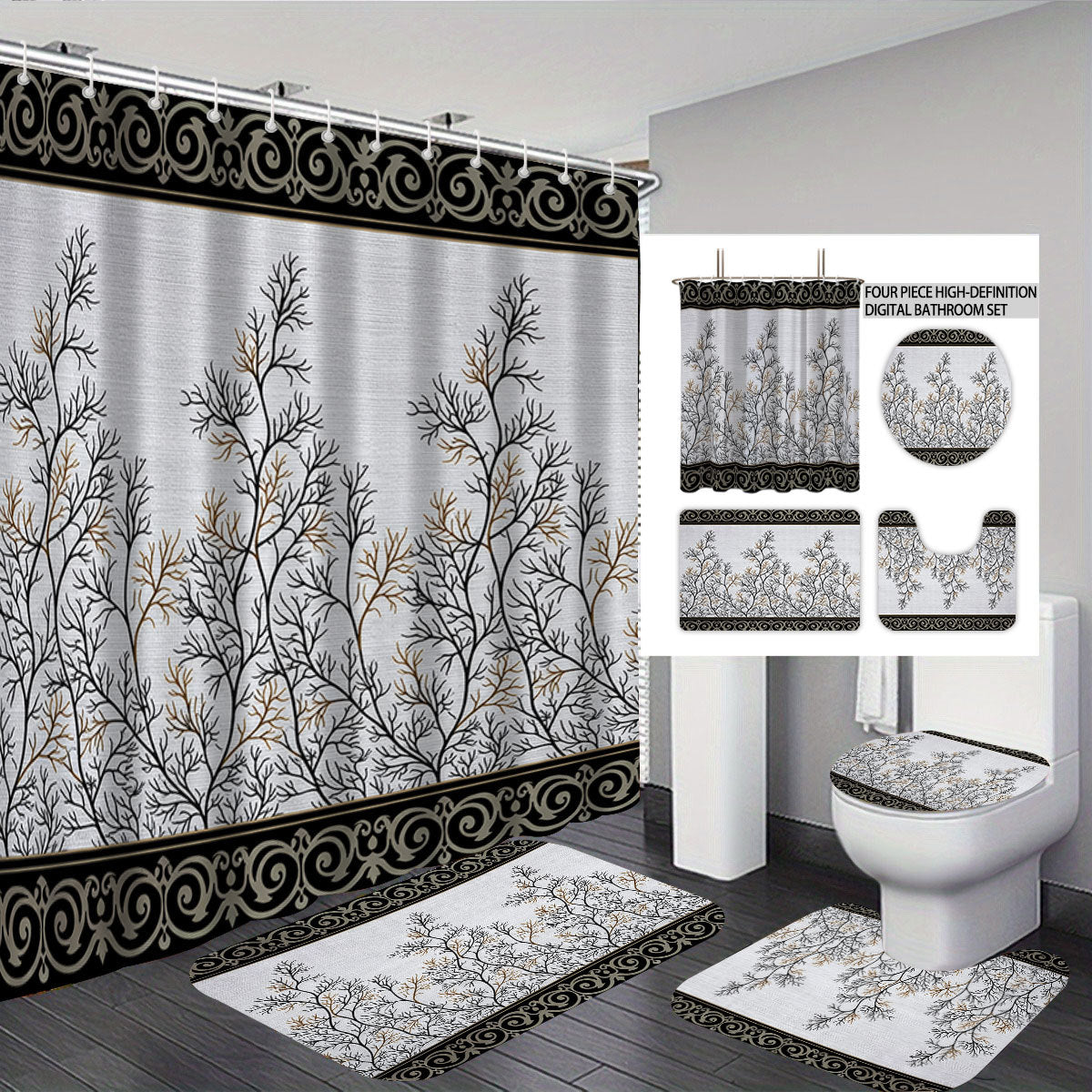 Set de decoración para baño con cortina y alfombrillas