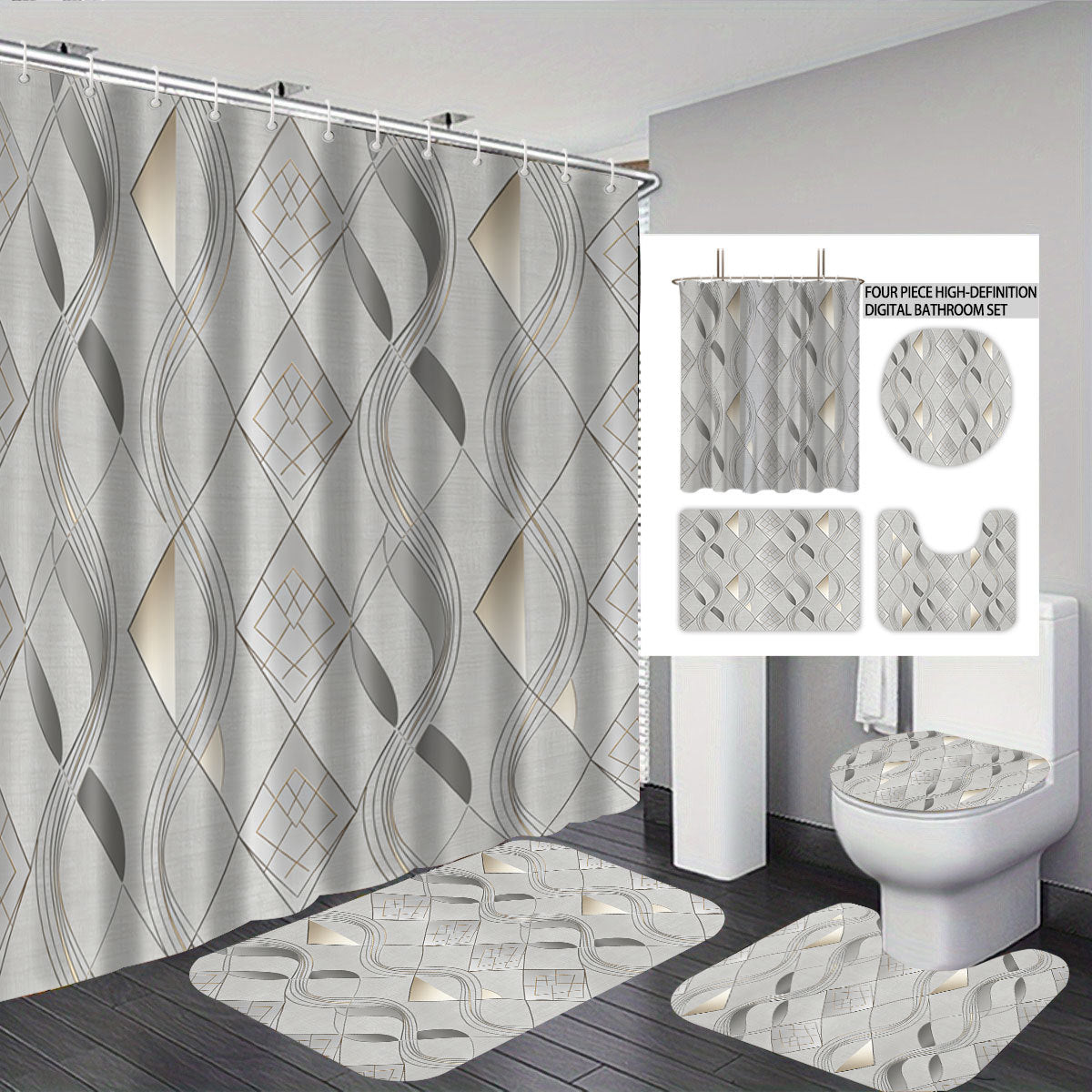 Set de decoración para baño con cortina y alfombrillas