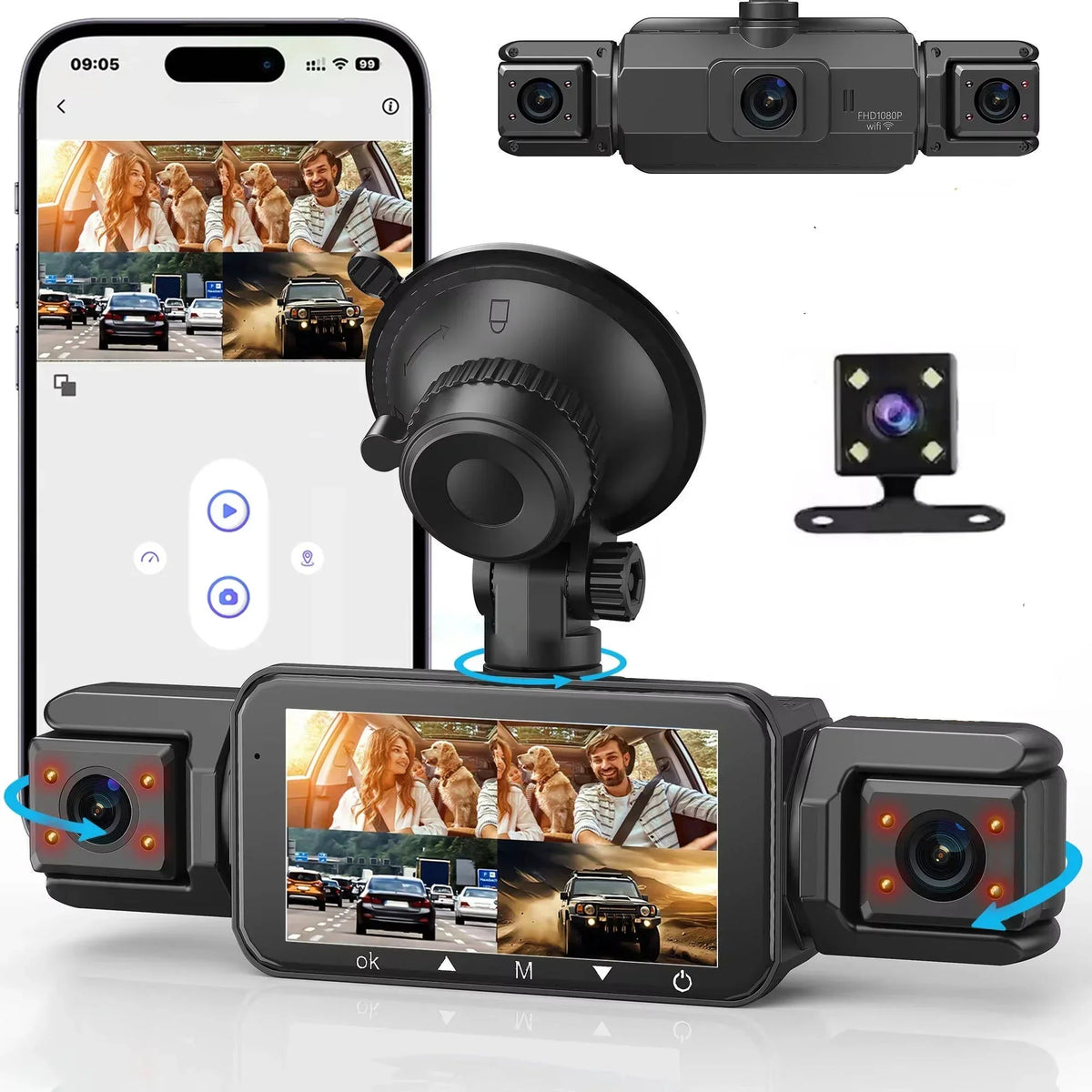 Sistema de dashcam de 4 cámaras, grabación frontal 1920P, visión nocturna, Wi‑Fi