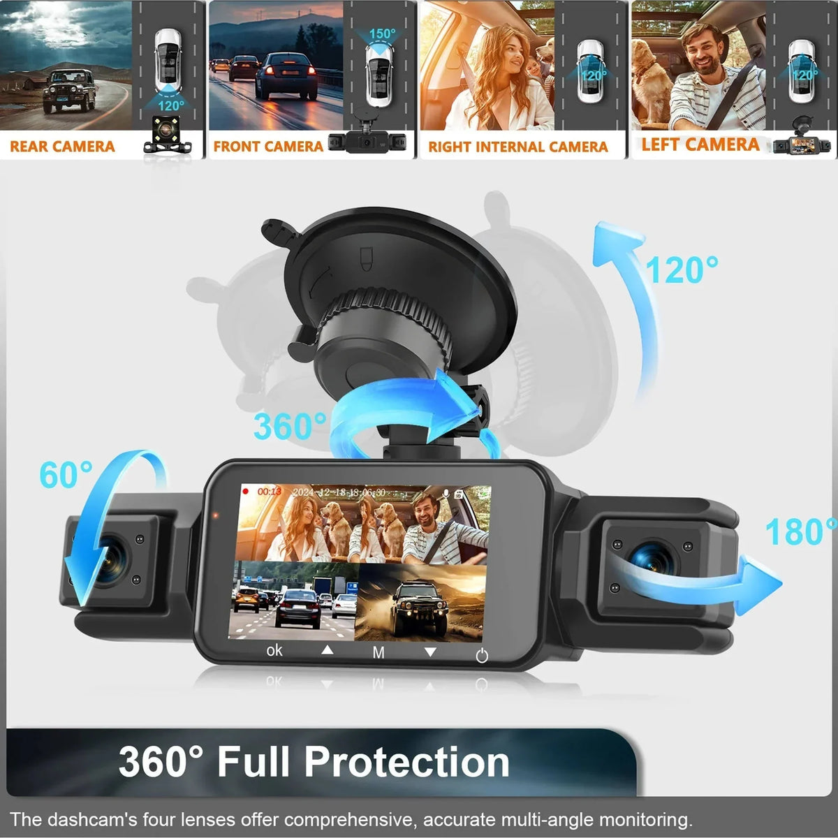Sistema de dashcam de 4 cámaras, grabación frontal 1920P, visión nocturna, Wi‑Fi