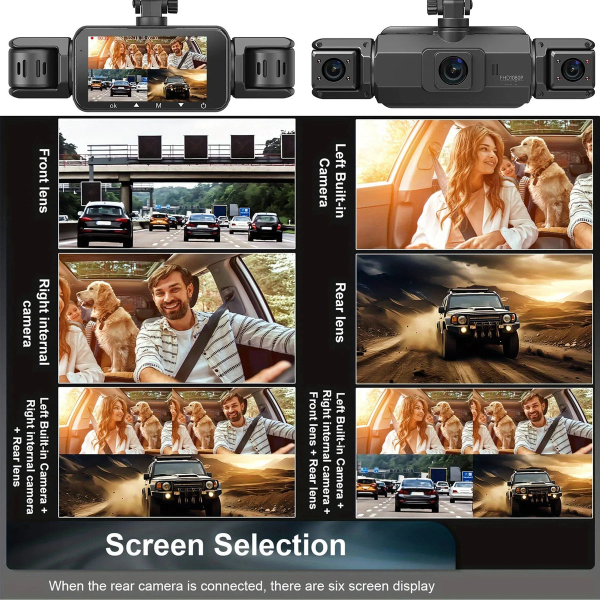 Sistema de dashcam de 4 cámaras, grabación frontal 1920P, visión nocturna, Wi‑Fi