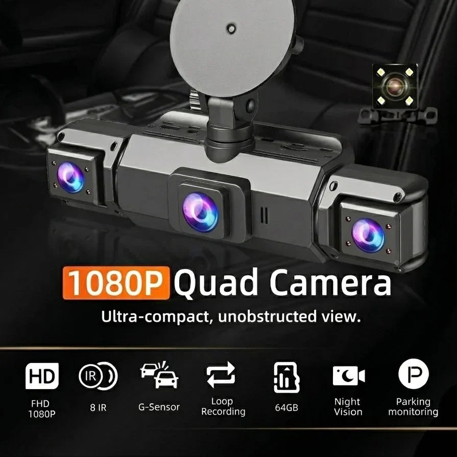Sistema de dashcam de 4 cámaras, grabación frontal 1920P, visión nocturna, Wi‑Fi