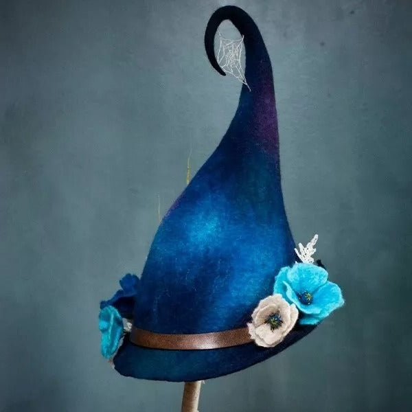 Sombrero de bruja, hecho a mano en fieltro de lana merina con punta curvada, 5 diseños decorados, ajuste adaptable para 