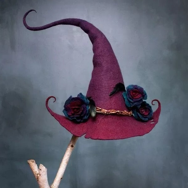 Sombrero de bruja, hecho a mano en fieltro de lana merina con punta curvada, 5 diseños decorados, ajuste adaptable para 