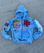Sudadera con capucha y cremallera para hombre, estilo streetwear con efecto lavado, parches bordados y cremallera comple