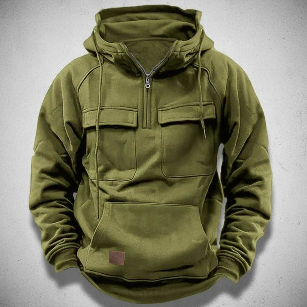 Sudadera con capucha y media cremallera para hombre con forro polar cepillado, bolsillos de solapa en el pecho y bolsill