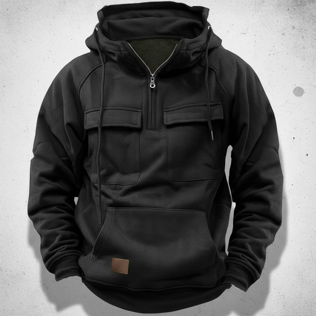 Sudadera con capucha y media cremallera para hombre con forro polar cepillado, bolsillos de solapa en el pecho y bolsill