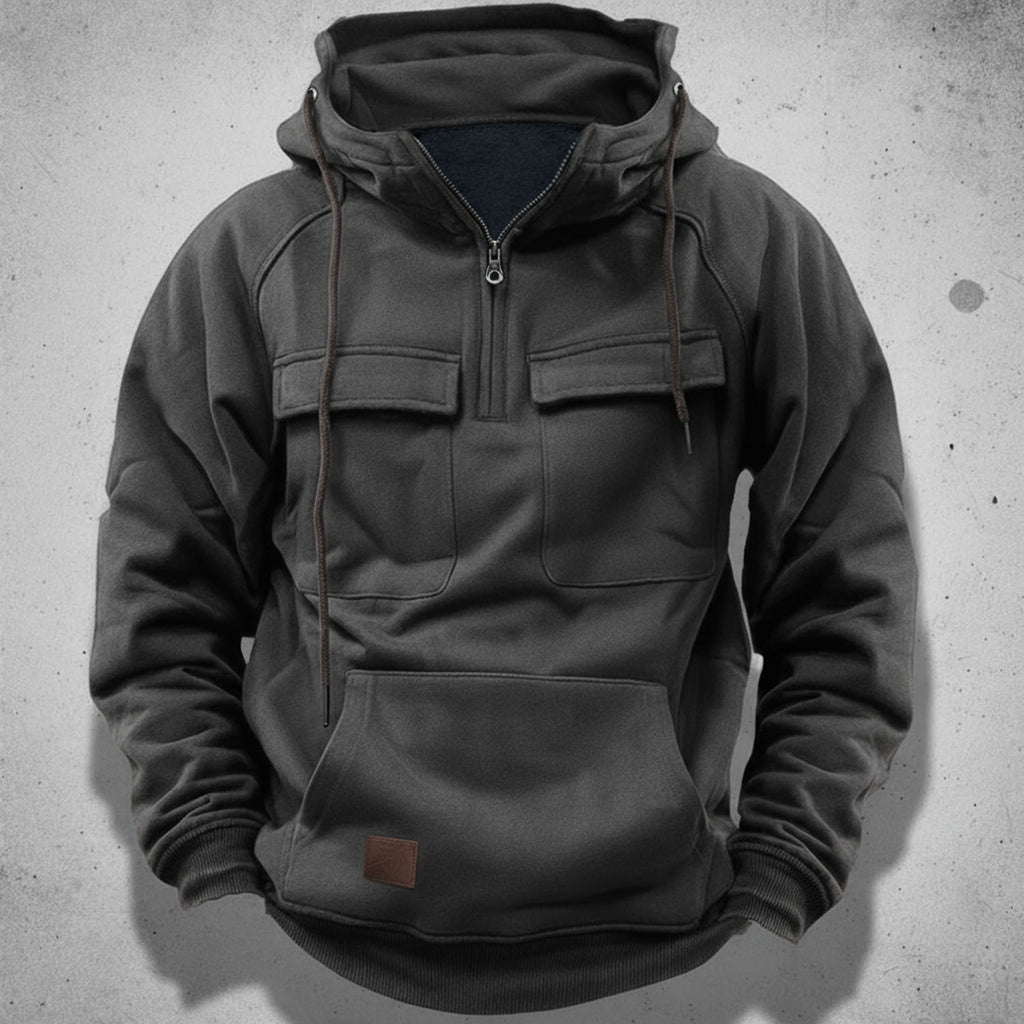 Sudadera con capucha y media cremallera para hombre con forro polar cepillado, bolsillos de solapa en el pecho y bolsill