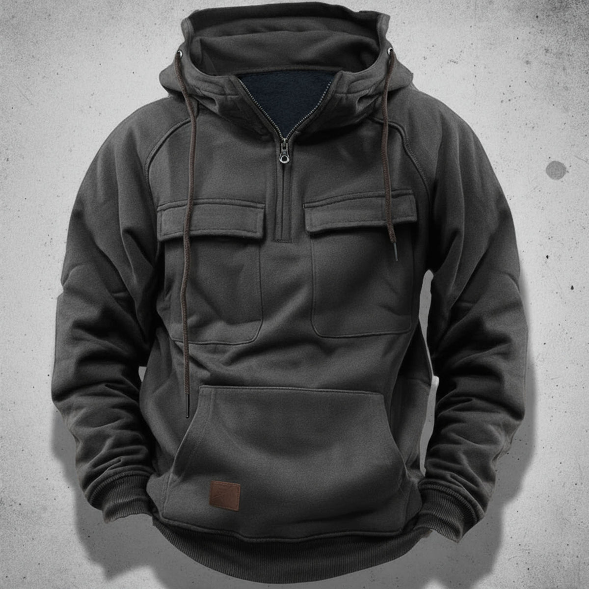 Sudadera con capucha y media cremallera para hombre con forro polar cepillado, bolsillos de solapa en el pecho y bolsill