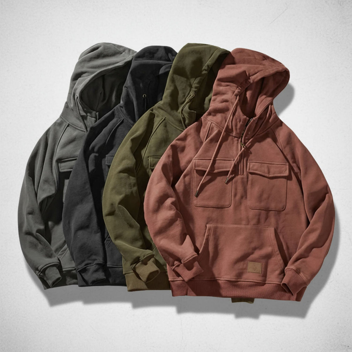 Sudadera con capucha y media cremallera para hombre con forro polar cepillado, bolsillos de solapa en el pecho y bolsill