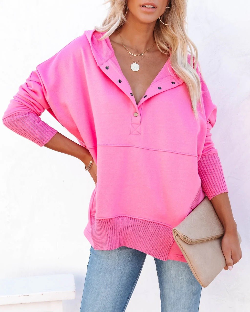 Sudadera larga de mujer, túnica oversize con cuello en V de botones a presión y bolsillo canguro, 8 colores, tallas S a 