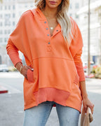 Sudadera larga de mujer, túnica oversize con cuello en V de botones a presión y bolsillo canguro, 8 colores, tallas S a 