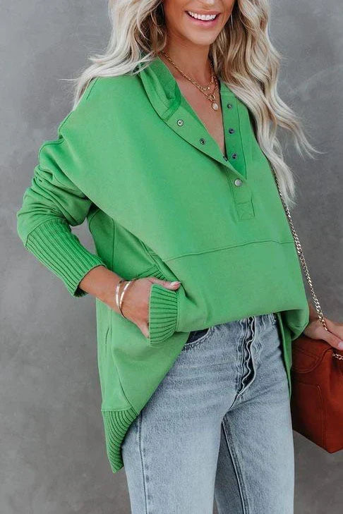 Sudadera larga de mujer, túnica oversize con cuello en V de botones a presión y bolsillo canguro, 8 colores, tallas S a 