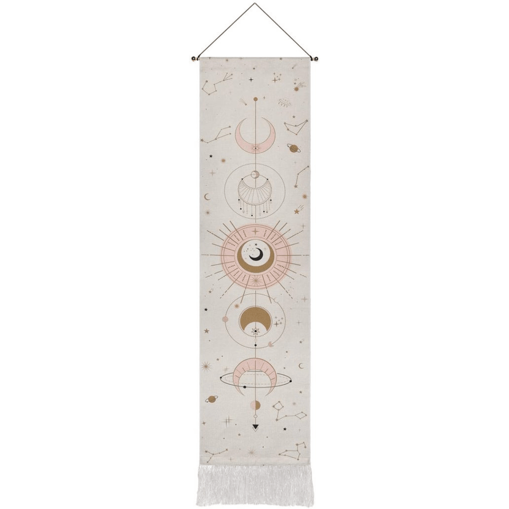 Tapiz de pared con estampado de fases lunares y flecos en el borde inferior