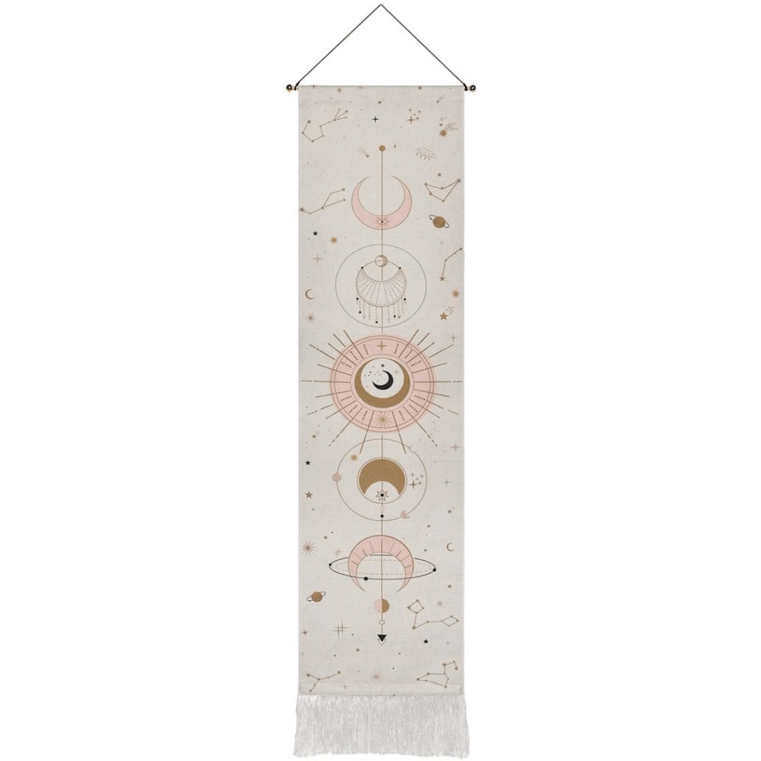 Tapiz de pared con estampado de fases lunares y flecos en el borde inferior