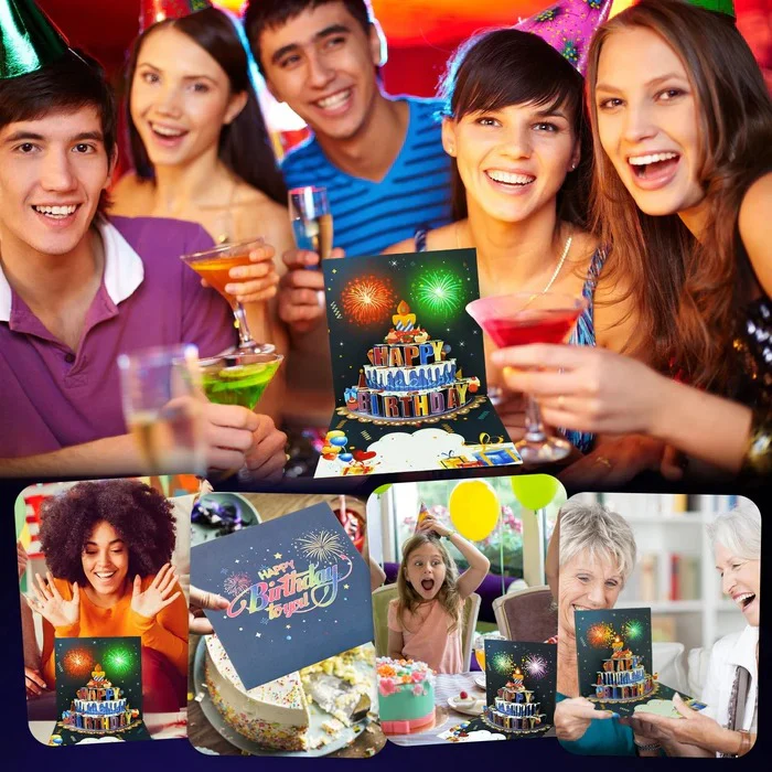 Tarjeta de cumpleaños pop-up con luces LED y música