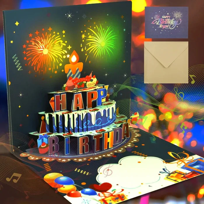 Tarjeta de cumpleaños pop-up con luces LED y música