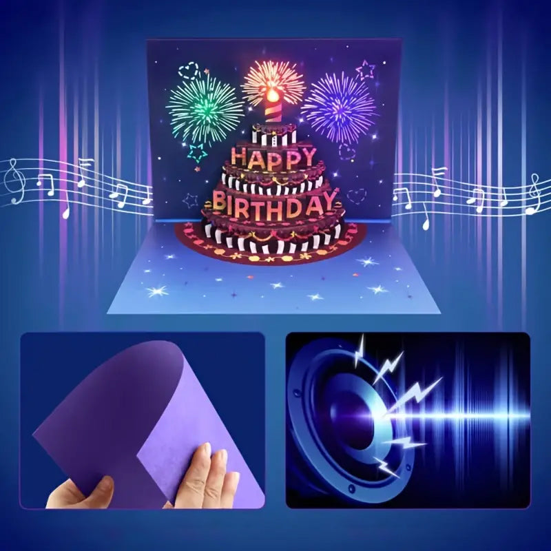 Tarjeta de cumpleaños pop-up con luz y sonido