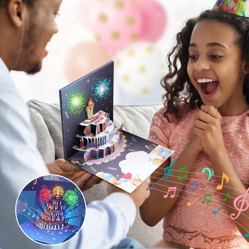 Tarjeta de cumpleaños pop-up con luz y sonido