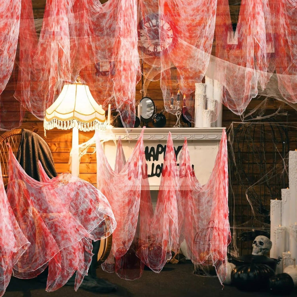 Tela de telaraña para Halloween, tela rasgada terrorífica para colgar en interior y jardín, negra o blanca manchada de s