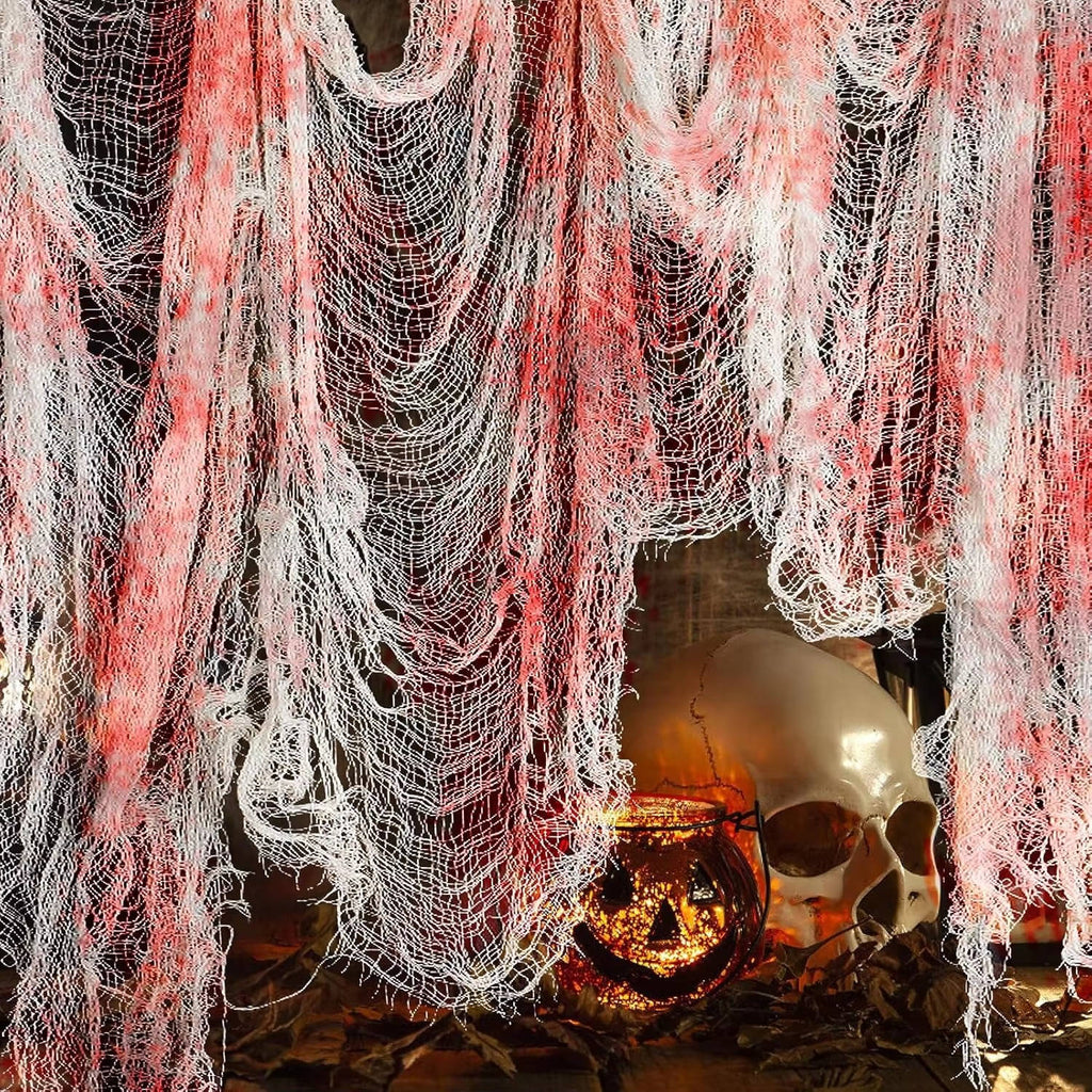 Tela de telaraña para Halloween, tela rasgada terrorífica para colgar en interior y jardín, negra o blanca manchada de s