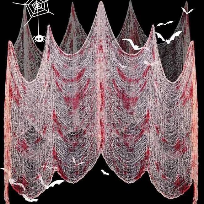Tela de telaraña para Halloween, tela rasgada terrorífica para colgar en interior y jardín, negra o blanca manchada de s
