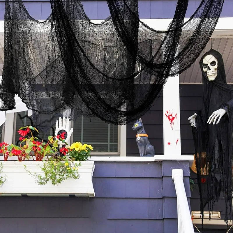 Tela de telaraña para Halloween, tela rasgada terrorífica para colgar en interior y jardín, negra o blanca manchada de s