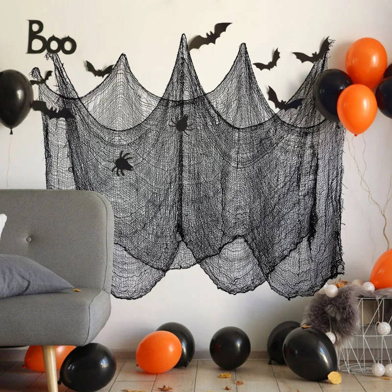 Tela de telaraña para Halloween, tela rasgada terrorífica para colgar en interior y jardín, negra o blanca manchada de s