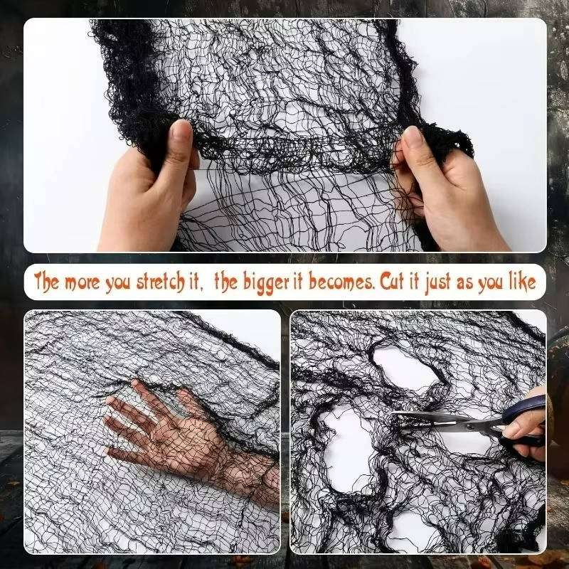 Tela de telaraña para Halloween, tela rasgada terrorífica para colgar en interior y jardín, negra o blanca manchada de s