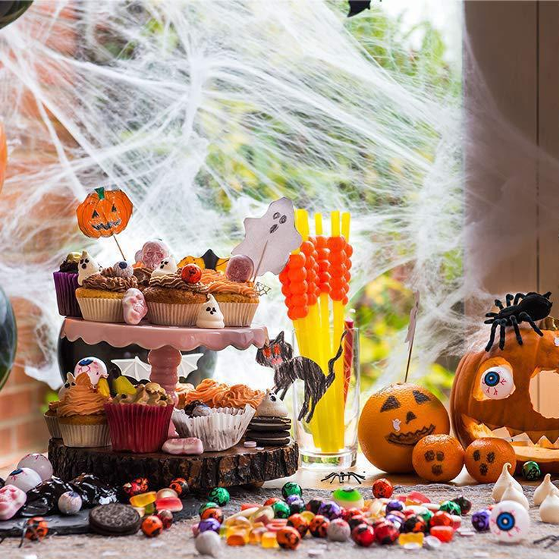 Telaraña gigante de Halloween de 700 × 550 cm con estacas y gancho, araña peluda negra de 30 cm con ojos rojos, decoraci