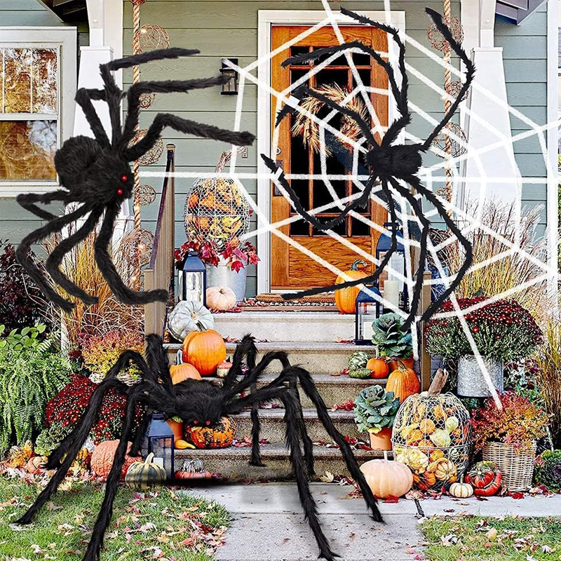 Telaraña gigante de Halloween de 700 × 550 cm con estacas y gancho, araña peluda negra de 30 cm con ojos rojos, decoraci