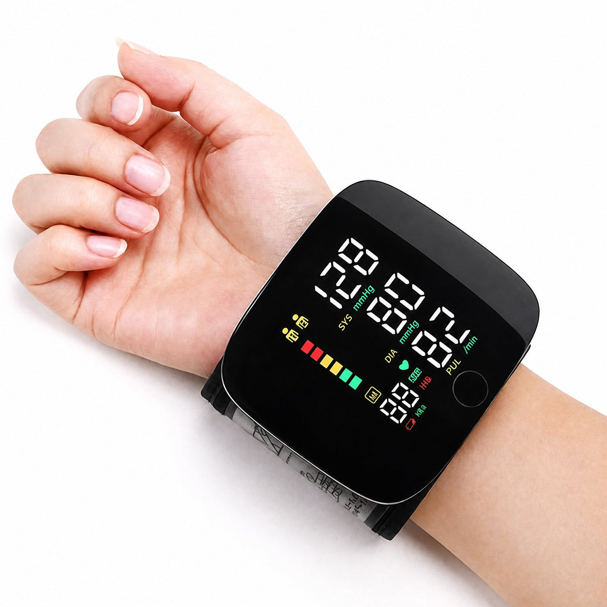 Tensiómetro de muñeca digital recargable USB-C con avisos de voz, pantalla LCD de 3 colores y memoria para 2 usuarios
