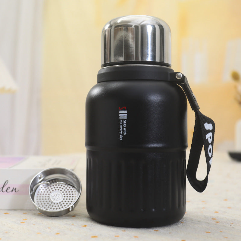 Termo con taza integrada y correa de transporte