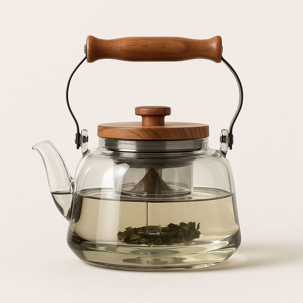 Tetera de Cristal con Infusor – 1 l de Borosilicato, Resistente al Calor, Asa de Madera