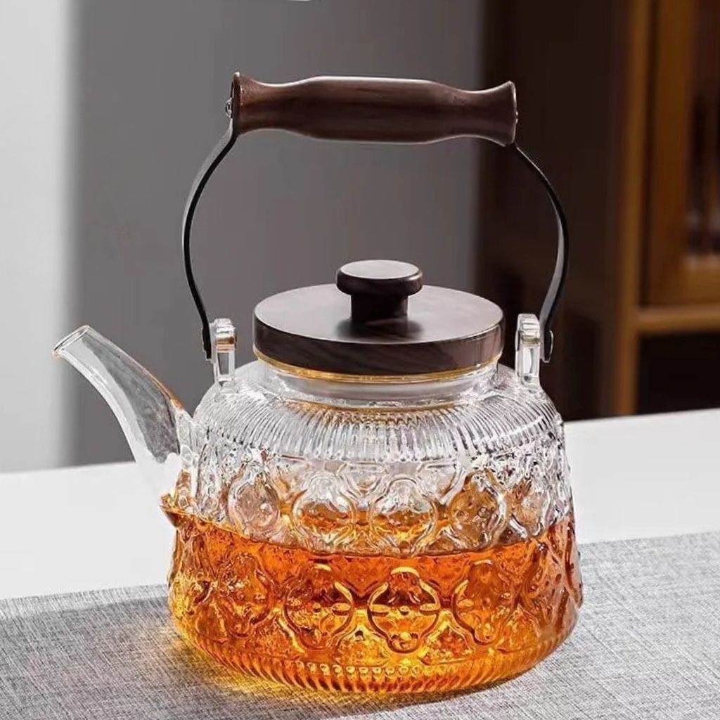 Tetera de Cristal con Infusor – 1 l de Borosilicato, Resistente al Calor, Asa de Madera