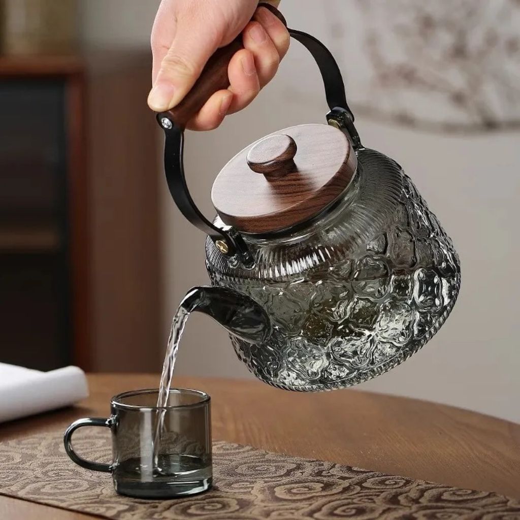Tetera de Cristal con Infusor – 1 l de Borosilicato, Resistente al Calor, Asa de Madera