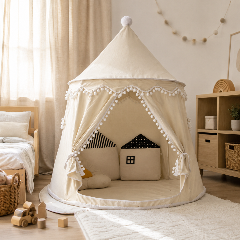 Tipi de juego de lona para niños, 100 % algodón, postes de pino, espacioso