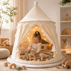 Tipi de juego de lona para niños, 100 % algodón, postes de pino, espacioso